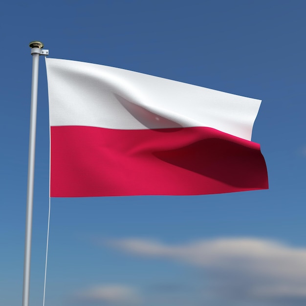 Польский флаг размахивает перед голубым небом с размытыми облаками на заднем плане