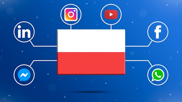 소셜 미디어 로고와 함께 폴란드 국기 3d