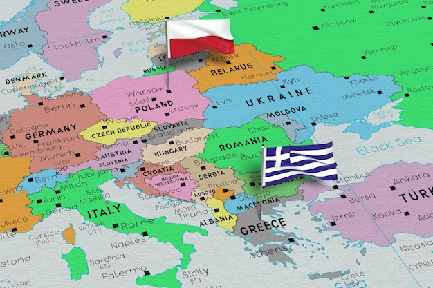 ポーランドとギリシャの政治地図 3 D イラスト上のフラグをピンします。