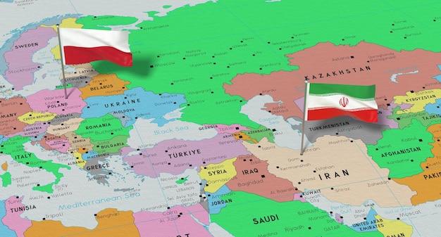 Poland and Iran pin flags on political map 3D illustration