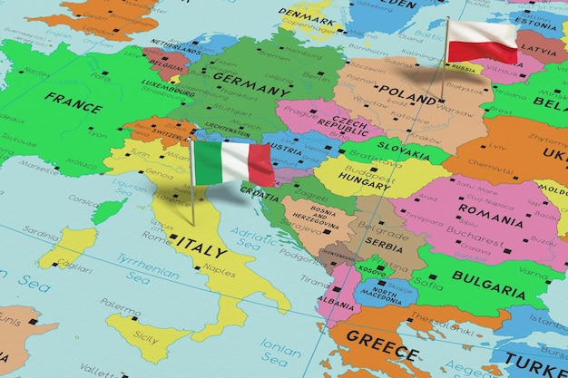 Poland and Italy pin flags on political map 3D illustration