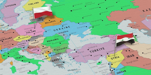 Photo poland and syria pin flags on political map 3d illustration