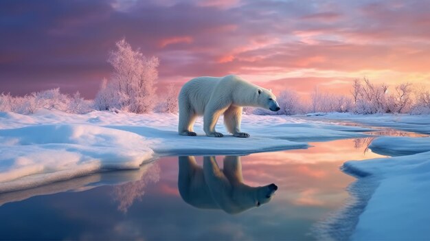 Белый медведь в арктическом ландшафте демонстрирует суровость окружающей среды, созданную ИИ