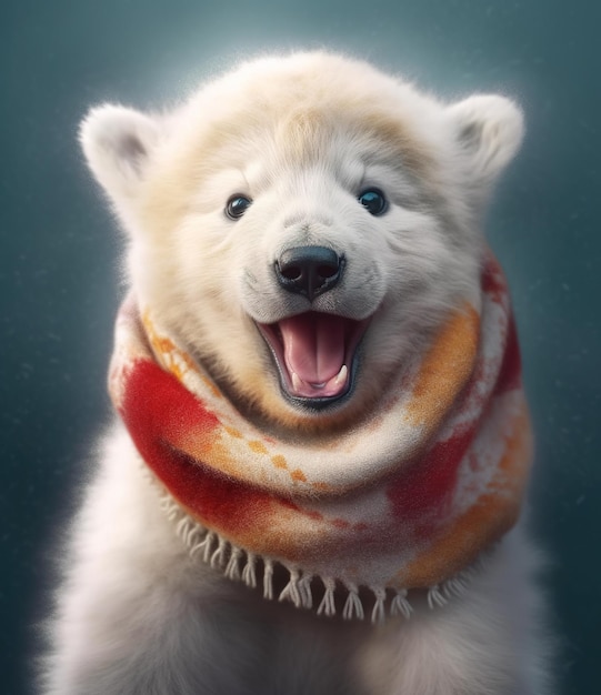 polar bear baby with scarf in a grey background portrait created by generative AI technology