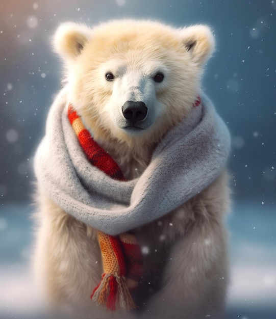 polar bear baby with scarf in a snowing background portrait created by generative AI technology