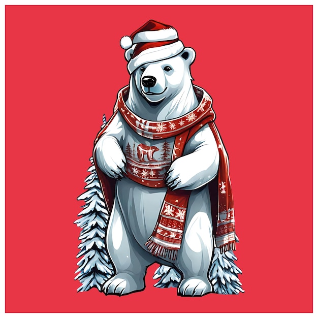 Polar bear in a christmas outfit with white palm trees theme on red background