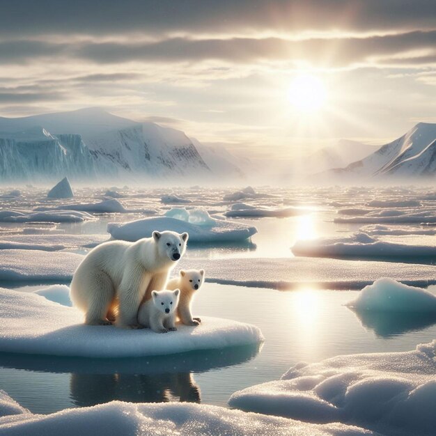 a polar bear and cub are on an ice floe with the sun behind them