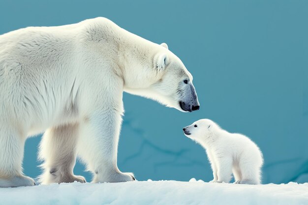 a polar bear and cub are in the snow