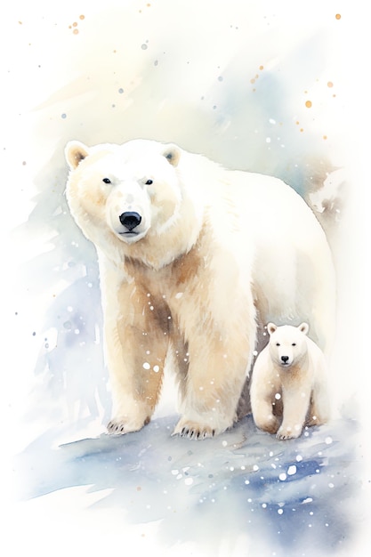 a polar bear and cub are standing in the snow.