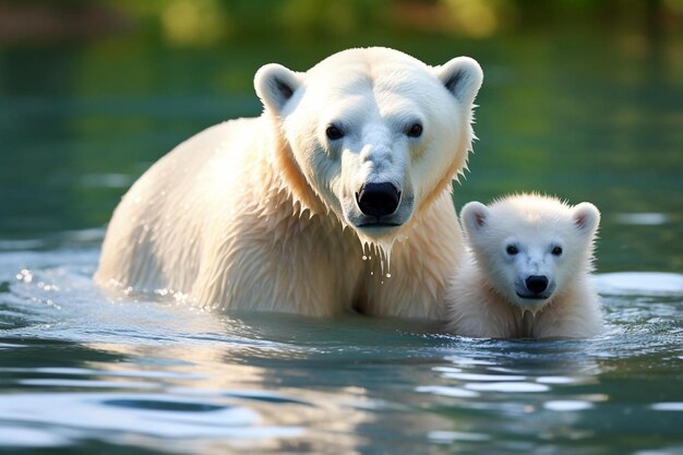 a polar bear and cub are in the water