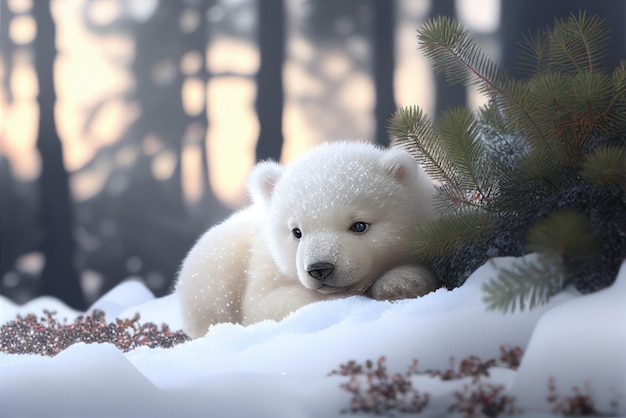 A polar bear cub is laying in the snow.