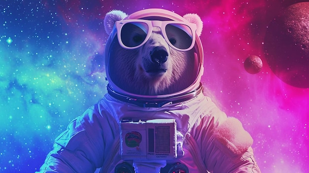 Polar bear dressed in astronaut suit with sunglasses Magical Galaxy Star background Generative Ai