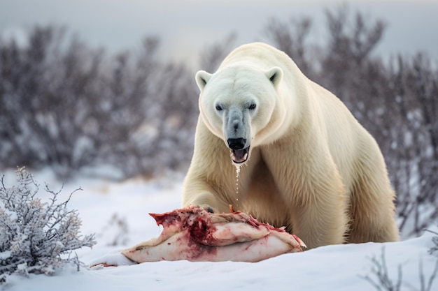 ホッキョクグマが肉を食べる