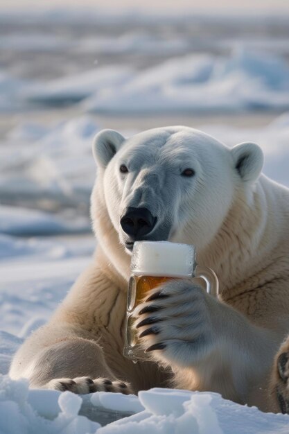 A polar bear enjoying a frosty mug of beer against the icy arctic backdrop