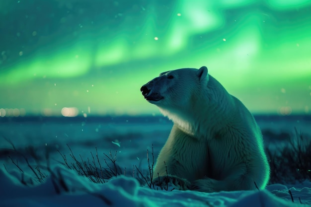 A polar bear in the ethereal glow of the Northern Lights