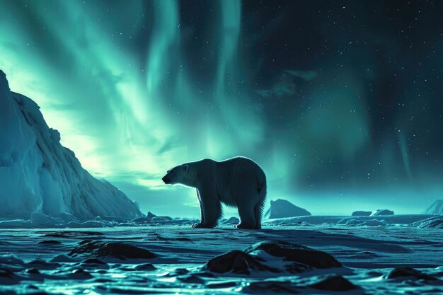 A polar bear in the ethereal glow of the Northern Lights