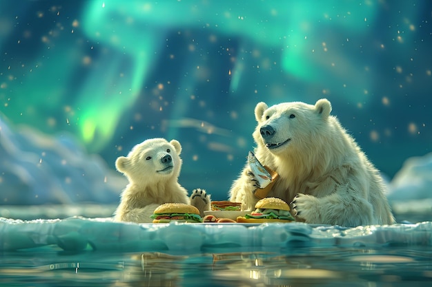 polar bear family having a picnic on an iceberg feasting on fish sandwiches and ice cream while admiring the northern lights