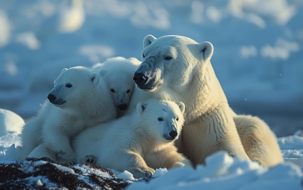 polar bear family huddled together