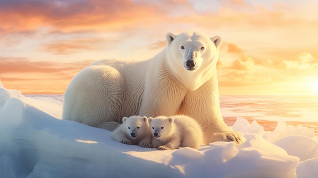 太陽光を浴びる極地にいるシロクマの家族 生成 AI