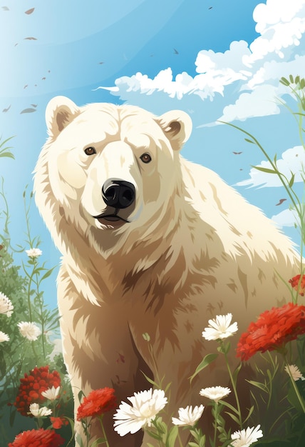 Polar bear flower field and blue sky background