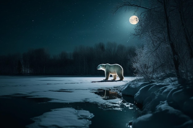 Polar bear on a frozen lake at night