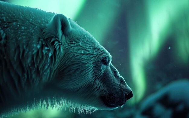 polar bear fur glistening in the soft glow of the northern lights