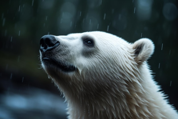 軽い雨の間上を見上げている北極クマ