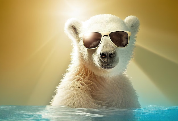 Белый медведь в очках греется на солнышкеxAillustration AI Generative