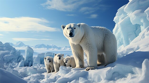 a polar bear and her cubs are standing on the ice