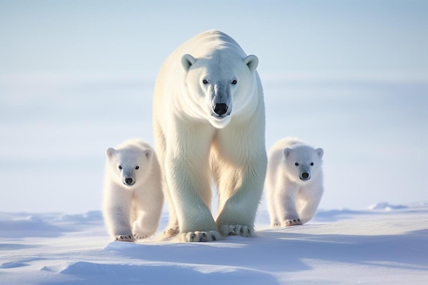 A polar bear and her cubs are standing in the snow.