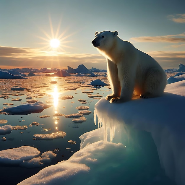 북극 과 새끼 들이 얼음 어리 가장자리에 서 있고, 지평선에는 북극 태양이 빛나고 있다.