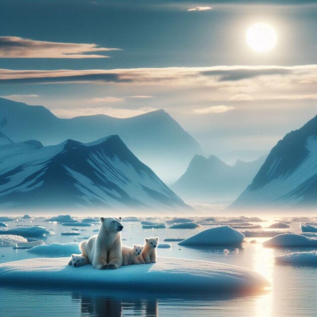 Photo a polar bear and her cubs on the edge of an ice floe with the arctic sun on the horizonlamic festiv