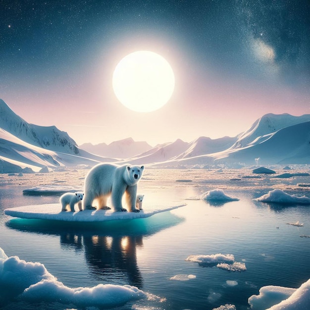 Photo a polar bear and her cubs on the edge of an ice floe with the arctic sun on the horizonlamic festiv