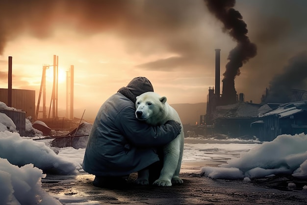 雪が溶け、煙が出る工場を背景に男性を抱き締めるシロクマ