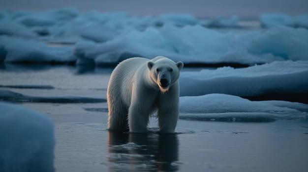 Polar bear on ice close to golden glittering water