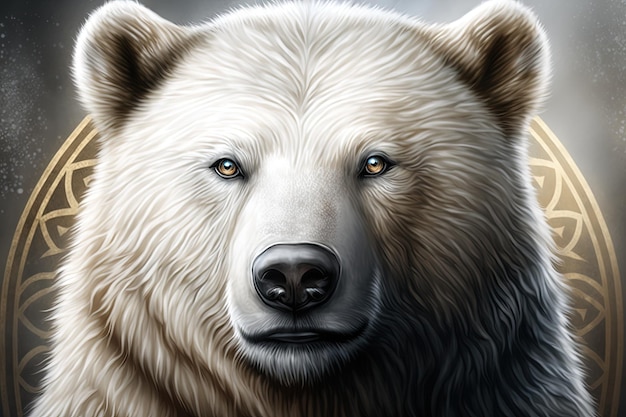 Polar bear illustration circle with golden ornaments on the background emblem Generative AI