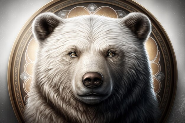 Photo polar bear illustration circle with golden ornaments on the background emblem generative ai