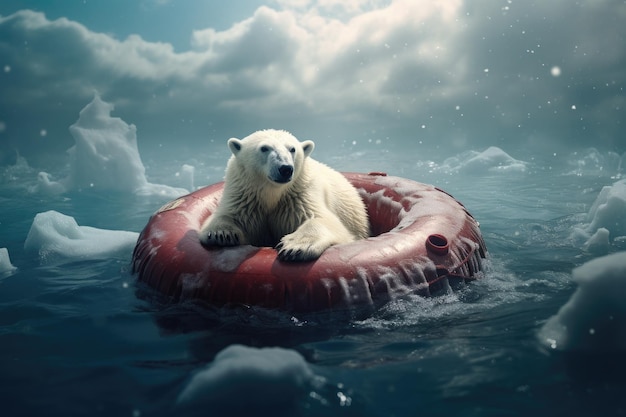 Полярный медведь на надувном кольце в море Тонированный полярный медведь, плавающий на спасательном буе, окруженный тающим снегом