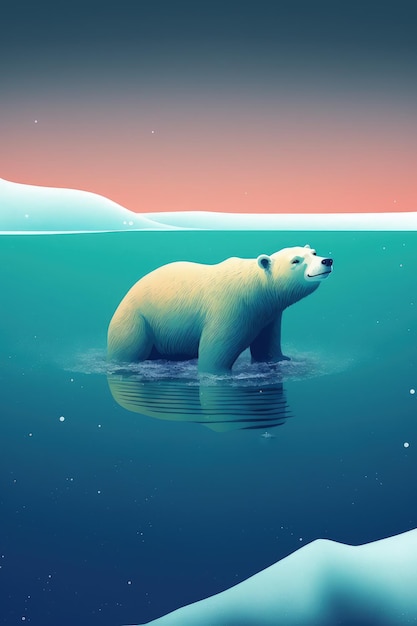 A polar bear is floating in the water.