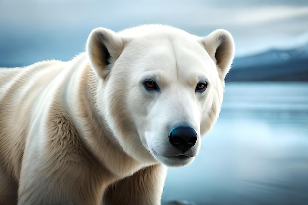 A polar bear is looking at the camera