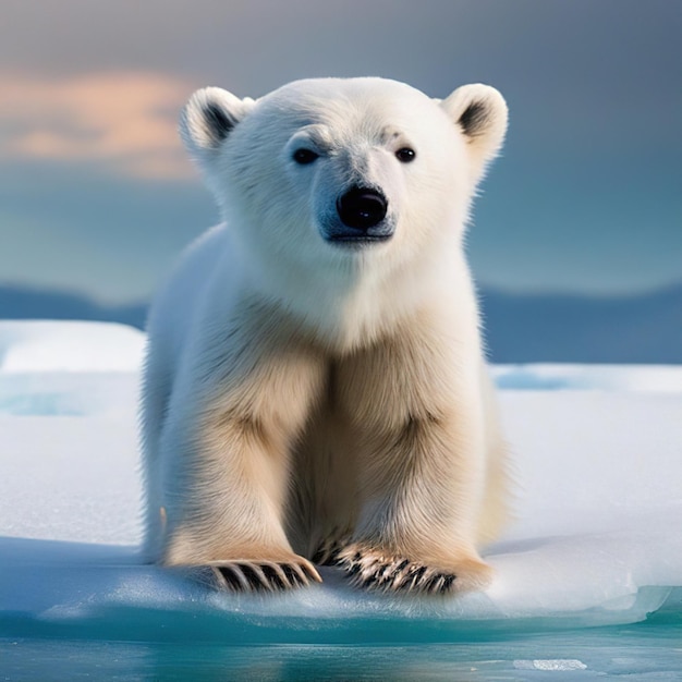 A polar bear is on a piece of ice with the sun shining on it.