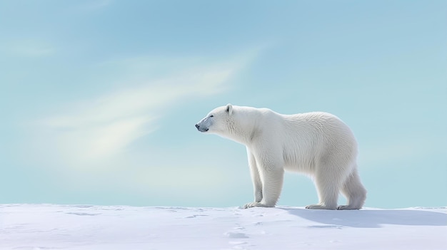 A polar bear is roaming in the cold snowy landscape