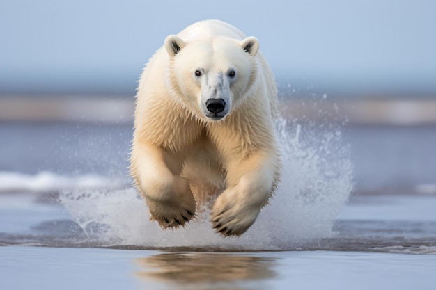 a polar bear is running through the water