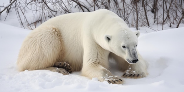 A polar bear is sitting in the snow.