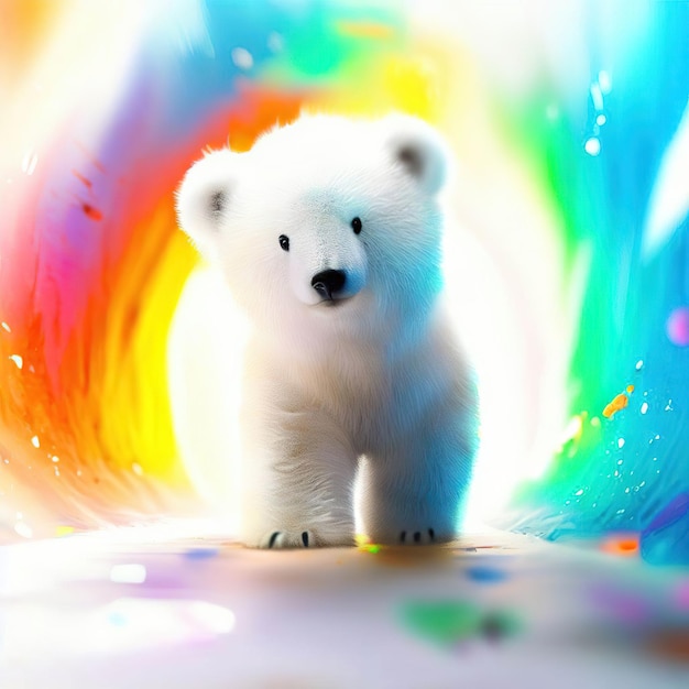 A polar bear is standing in front of a rainbow