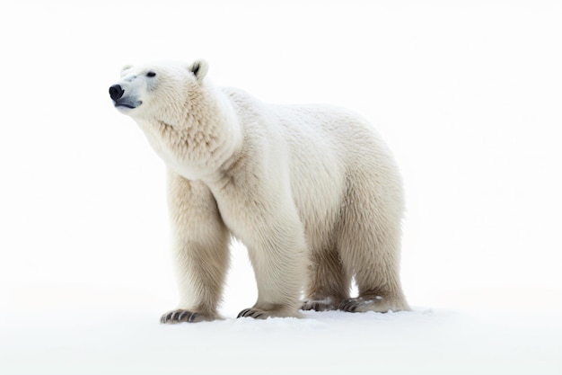 A polar bear is standing in front of a white background