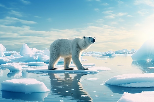 A polar bear is standing on an ice floe.