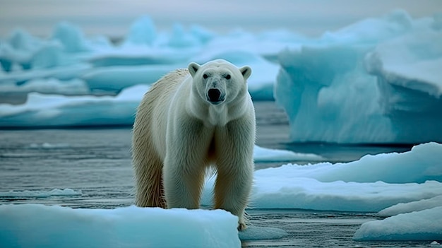 Белый медведь стоит на льду с синим фоном.