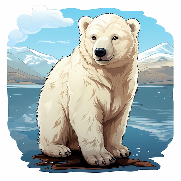 a polar bear is standing in the water and has a blue background with a white snow capped mountain in the background.