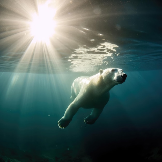 A polar bear is swimming under the sun and is looking at the camera.